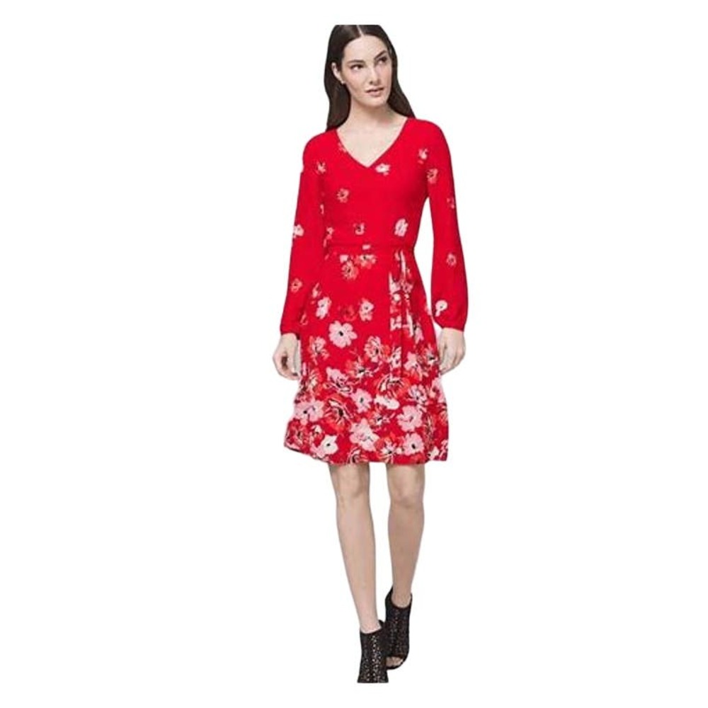 White House Black Market Red Floral Prit Day Fit and Flare Dress Size 8